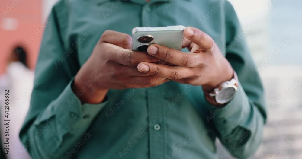 Poster hands, business and man with a smartphone, typing and connection with network, internet and social m
