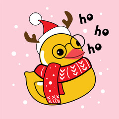 Rubber duck in a santa claus costume on a pink background. Vector illustration. Christmas card