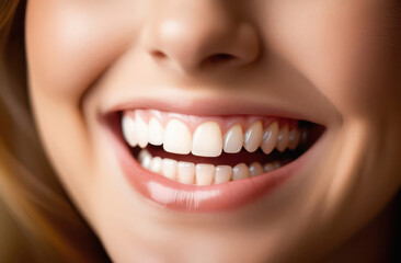 Banner with perfect smile on white teeth close up, winning woman smile, dental care and dentistry, dentistry, copy space