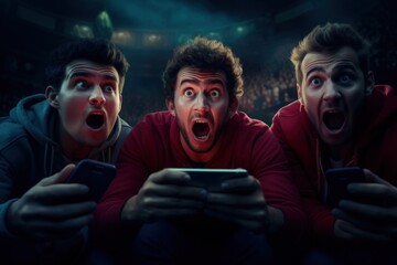 Male friends watching sports match online and cheering.