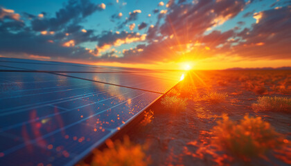 Solar panels, energy. The sun shines through the clouds. Sunset. World Sun Day.  - obrazy, fototapety, plakaty