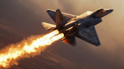 Fighter jet in flight with afterburners ignited. - obrazy, fototapety, plakaty