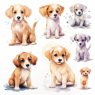 Illustration of a set of cute dogs on a white background.