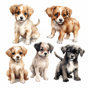 Set of different cute puppies. Watercolor hand drawn illustration isolated on white background.