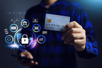 Cyber security concept with hand holding credit card and secure to protection mobile banking information while transaction making with online market place