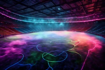 a mesmerizing spectacle—a textured soccer game field enveloped in a neon fog swirling dramatically at the center and midfield. 