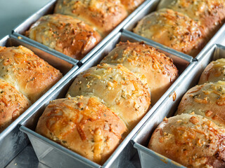 garlic and cheese soft bread rolls in baking pan