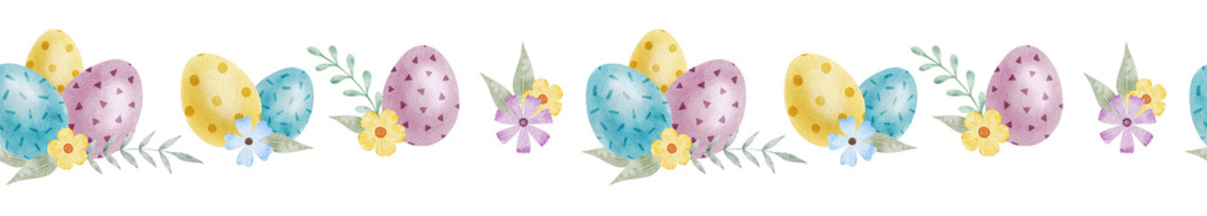 Cute colorful Easter eggs, flowers and leaves. Spring seamless border of with Easter Eggs with Pastel Colors. Isolated watercolor illustration. Template for Easter cards, covers, posters, invitations