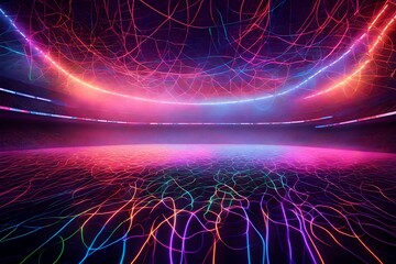 a mesmerizing spectacle—a textured soccer game field enveloped in a neon fog swirling...