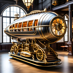 highly realistic mechanical, old-fashioned steampunk zeppelin model with a complicated mechanism and lots of moving parts - obrazy, fototapety, plakaty
