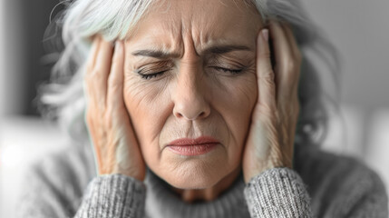 Senior woman with migraine headache isolated on white background, feeling stressed, sick, tired
