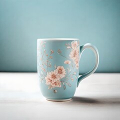 image of a classic porcelain coffee mug, adorned with delicate floral patterns, set against a serene pastel blue background