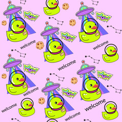 Rubber cosmic duck in space and spaceship seamless pattern. Vector illustration. Pop art