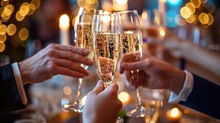 Celebratory toasts in a chic setting, featuring sparkling glasses and a touch of glamour