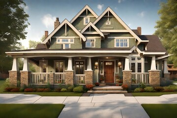 American Craftsman-style exterior, with a welcoming front porch, unique architectural details, and a manicured front yard