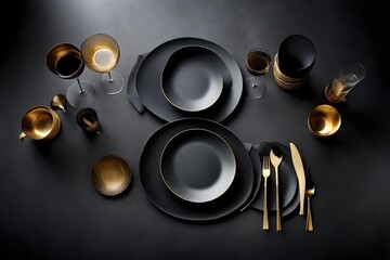  dining arrangement with matte charcoal gray plates, brushed nickel flatware