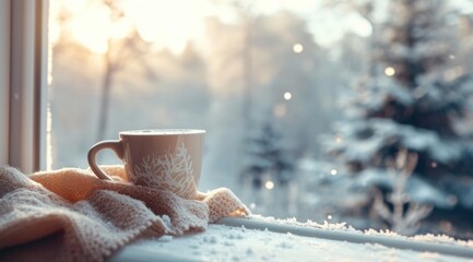 Obraz na płótnie Canvas a winter cup of coffee on a window sill near trees