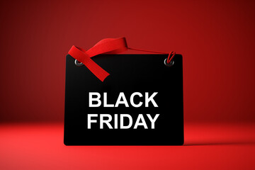 Black Friday sale tag on a red background with copy space