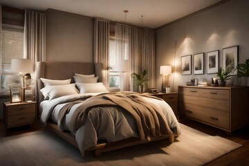 American suburban bedroom, with neutral tones, plush bedding, and subtle ambient lighting creating a peaceful atmosphere