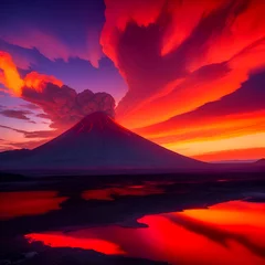 Fotobehang sunset over the volcano © Rewat