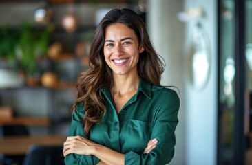 attractive business woman smiling with arms crossed in office