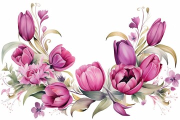 Watercolor depiction of magenta tulips, featuring various elements such as frames, wreaths, and borders. Represents a spring floral ornament. Generative AI