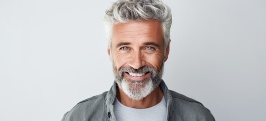 Confident mature man with bright smile in casual attire. Modern masculinity and style. - obrazy, fototapety, plakaty