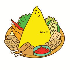 vector illustration of a design of yellow rice forming a mountain with several toppings such as lime, tempeh, chicken thighs, red chilies, carrots and mustard greens.