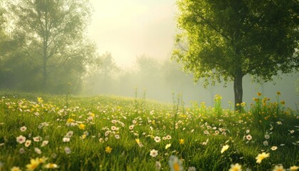 a grassy field full of wildflowers and trees