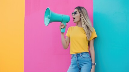 beautiful woman with megaphone against vivid minimalist background with copy space - obrazy, fototapety, plakaty