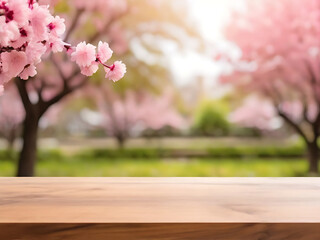 Versatile Wooden Tabletop: Ideal for Display or Montage, with a Blurred Sakura Flower Tree Garden Background