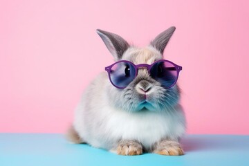 An eyewear-clad bunny sitting on a vibrant surface against a blue and pink backdrop. Generative AI