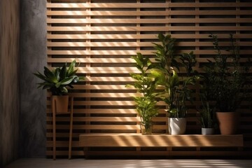 Cozy wall setup with wooden slat decor, green plant, and bird. Minimalist and close-up view. Generative AI