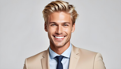 Portrait of a beautiful and cute blonde male model with perfect clean teeth and smile isolated on white background. advertising and web design - obrazy, fototapety, plakaty