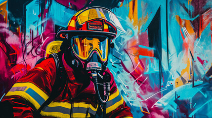Firefighter graffiti art on the wall