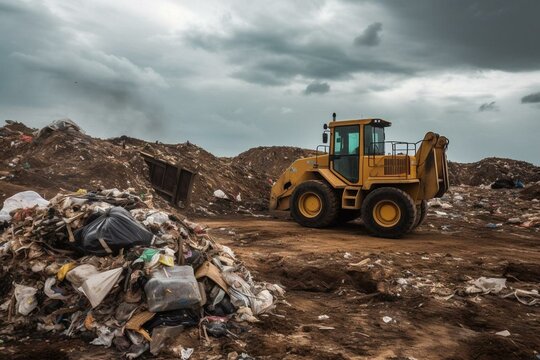 A bulldozer and garbage truck on a landfill. Generative AI
