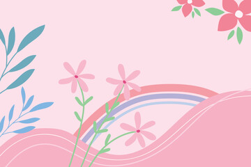 Minimalistic background with flowers and rainbow. Design for postcards, covers.