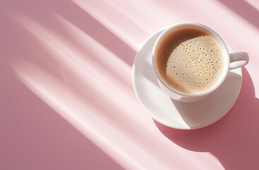 a cup of coffee is shown on a pink background