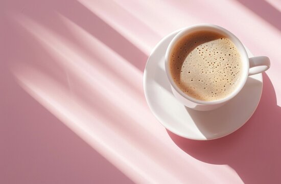 a cup of coffee is shown on a pink background © olegganko