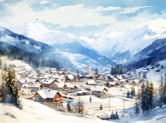 the village of winter in the alps, light beige and turquoise, lightbox, multi-layered, spectacular backdrops, glossy finish