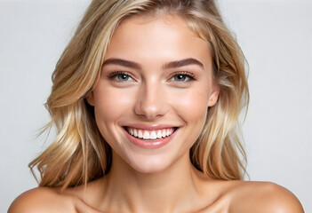 Portrait of a beautiful and cute blonde female model with perfect clean teeth and smile isolated on white background. advertising and web design - obrazy, fototapety, plakaty