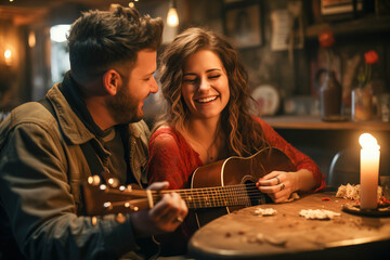 Playing the Guitar on a Romantic Dating Couple in Love Date, Crafting a Love Song with Every Tender...