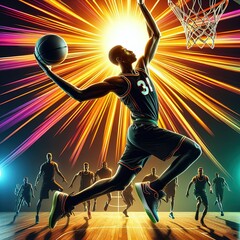 silhouette of basketball player dunking - obrazy, fototapety, plakaty