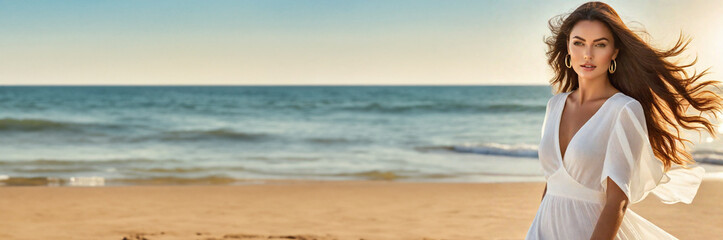 Fototapeta na wymiar banner woman in white dress on beach at sunset, long hair fluttering in the wind