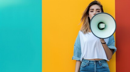 beautiful woman with megaphone against vivid minimalist background with copy space