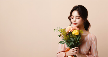 banner portrait of an attractive young woman holding flowers bouquet isolated over pink background