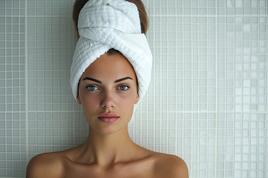 Beautiful young woman standing in the bathroom after a shower, with a white terry towel on her head. Face and body care concept