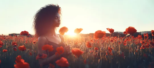 Foto auf Acrylglas young beautiful woman in summer dress in poppies field © Екатерина Переславце