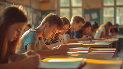 Group of high school students taking the final exam - obrazy, fototapety, plakaty