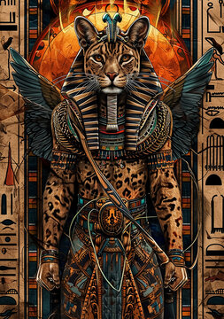 Egyptian pharaoh Vintage Animal God, warrior, in Royal Costumes, Fantasy gods of Egypt